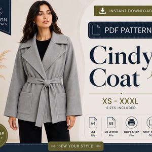 Può includere: Un cappotto grigio con colletto ampio, maniche lunghe, due tasche frontali e una cintura da annodare abbinata. L'inserzione del prodotto digitale include il testo Cindy Coat, PDF Pattern, Instant Download e le taglie da XS a XXXL con icone.