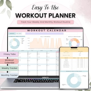 Könnte beinhalten: Ein Laptop und ein Tablet, die eine Workout-Planer-Oberfläche anzeigen. Der Laptop-Bildschirm zeigt einen Kalender mit täglichen Fortschrittsdiagrammen und Muskelaufschlüsselungsdiagrammen. Das Tablet zeigt ein detailliertes Workout-Protokoll.