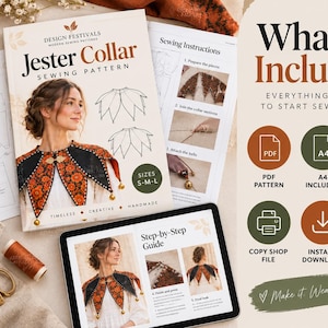 May include: A Jester Collar sewing pattern kit featuring a printed guide, digital tablet display, and pattern sheets. The design shows a black and orange floral collar with gold bells. Includes PDF, A4, and US Letter formats for sizes S-M-L.