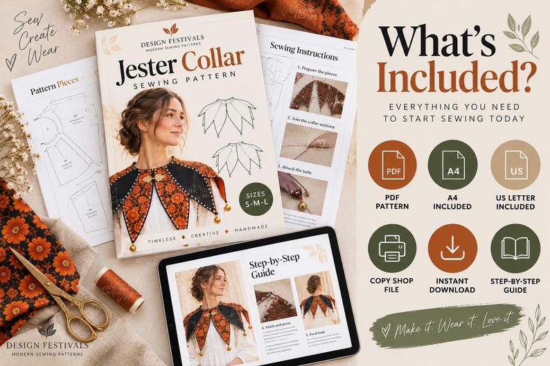 May include: A Jester Collar sewing pattern kit featuring a printed guide, digital tablet display, and pattern sheets. The design shows a black and orange floral collar with gold bells. Includes PDF, A4, and US Letter formats for sizes S-M-L.
