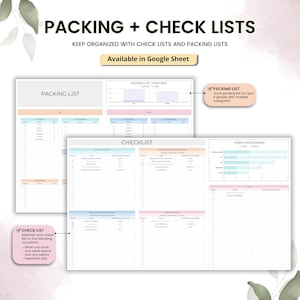 May include: A digital planner with the text "PACKING + CHECK LISTS" and "Available in Google Sheet". The planner includes packing lists, checklists, and task progression charts. The color scheme is pastel with pink, blue, and orange accents.