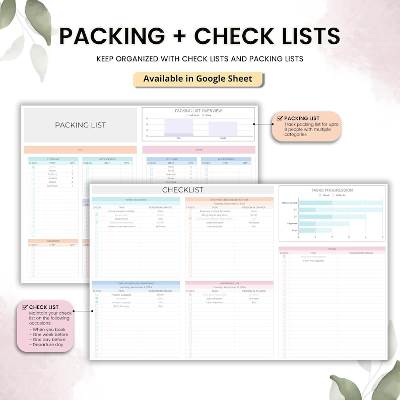 May include: A digital planner with the text "PACKING + CHECK LISTS" and "Available in Google Sheet". The planner includes packing lists, checklists, and task progression charts. The color scheme is pastel with pink, blue, and orange accents.