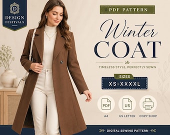 Winter Coat Sewing Pattern Women PDF Long Coat Pattern Winter Jacket Sewing Pattern (XS-XXXL) Trench Tailored Coat Digital Download