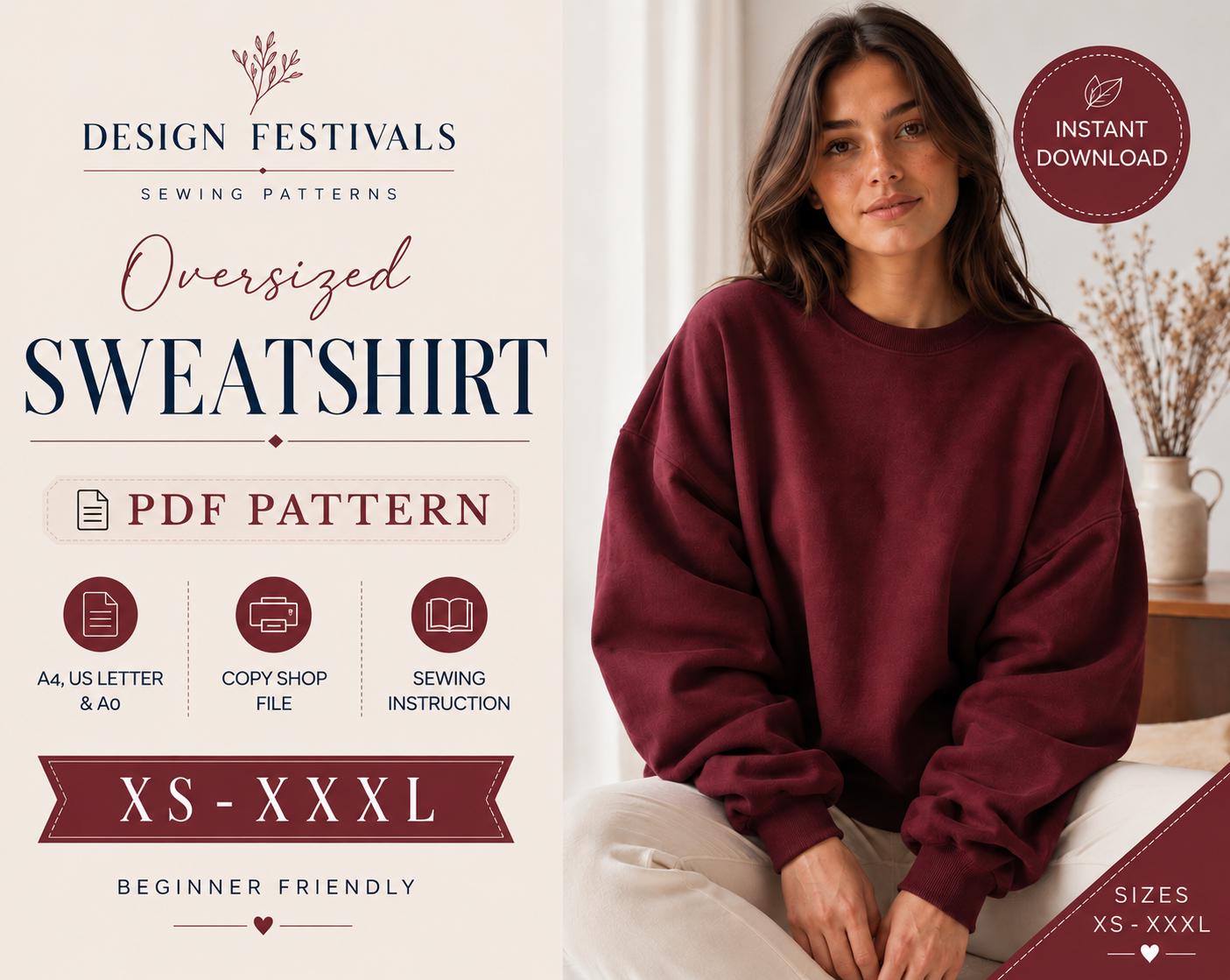 Patron de couture pour sweat-shirt oversize femme (XS-XXXL) - Modèle PDF de sweat-shirt à capuche femme pour débutantes - Téléchargement instantané