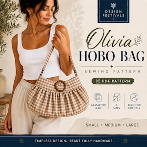 Può includere: Un cartamodello PDF per una borsa hobo Olivia con un design in tessuto a quadretti marrone e bianco. Il modello include istruzioni per tre taglie, formati A4, US letter e A0, ed è indicato come adatto ai principianti per progetti di cucito.