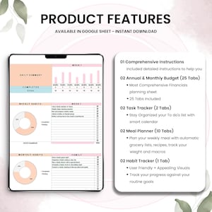 May include: A digital planner displayed on a tablet, featuring pink and blue charts and graphs. The text "Product Features" is at the top, with details on budget, task, meal, and habit tracking. The planner is available as an instant download.