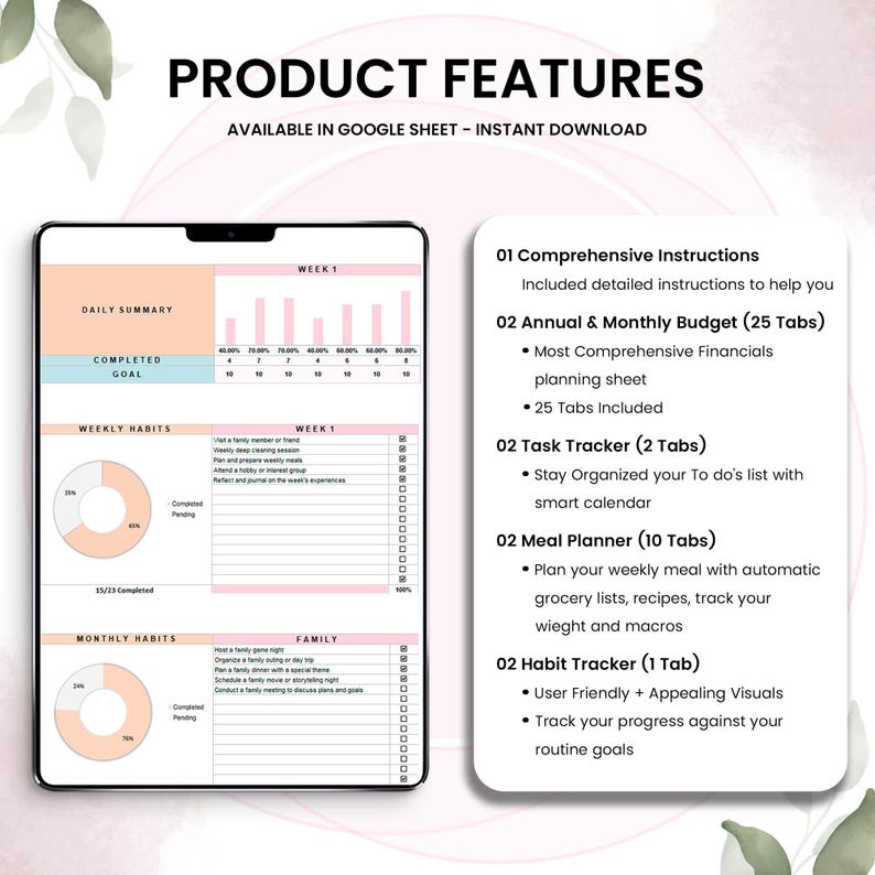 May include: A digital planner displayed on a tablet, featuring pink and blue charts and graphs. The text "Product Features" is at the top, with details on budget, task, meal, and habit tracking. The planner is available as an instant download.