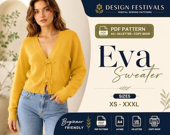 Naaipatroon voor een dames sweater/sweatshirt met strik aan de voorkant. Truipatroon in PDF-formaat (maat XS XXXL). Eenvoudig, geschikt voor beginners, A4-formaat, printbare digitale download.