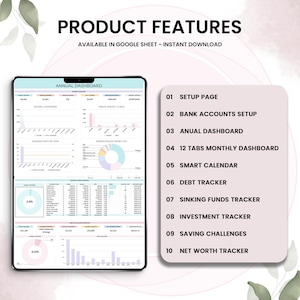 May include: A digital financial planner displayed on a tablet, showcasing charts and graphs for tracking income, expenses, and savings. The image also lists product features, including a setup page, debt tracker, and investment tracker.