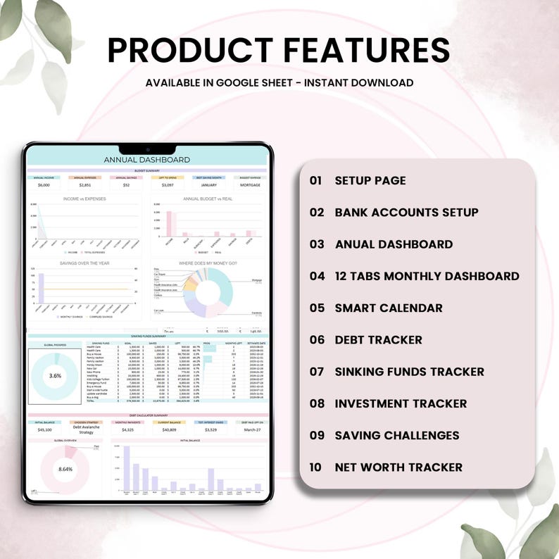 May include: A digital financial planner displayed on a tablet, showcasing charts and graphs for tracking income, expenses, and savings. The image also lists product features, including a setup page, debt tracker, and investment tracker.