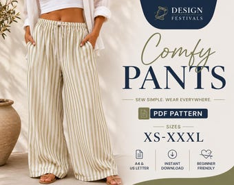 Wide Leg Pants Sewing Pattern Women Palazzo Lounge wear Pajama pants with Pockets Elastic Waist Loose Fit Plaid Summer Pants Pdf Download