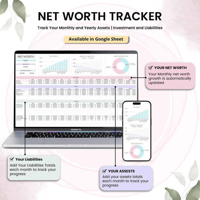 May include: A laptop and smartphone display a net worth tracker. The screen shows charts and tables for tracking monthly and yearly assets, investments, and liabilities. Text on the image reads "NET WORTH TRACKER" and "Available in Google Sheet."