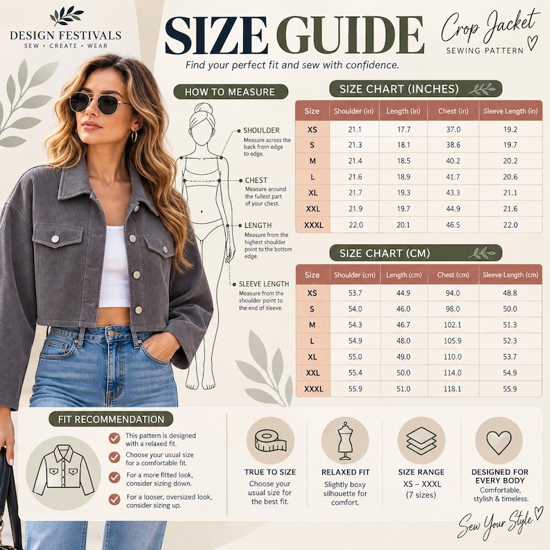 A4 Chart Pattern Women Short Jacket Sewing Pattern Crop Shirt Jacket Button up Collar ...