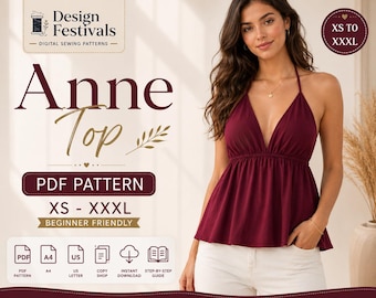 Women top sewing pattern women blouse peplum top Summer pattern Tie Top PDF (XS-XXXL) Easy Pattern for beginners Instant download