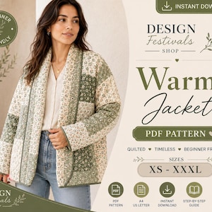 Quilted Jacket Sewing Pattern Women Coat Pattern PDF (XS-XXXL) Modern Zip Coat Beginner Friendly Patchwork Pattern Instant Download