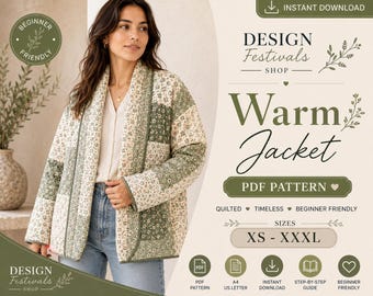 May include: A quilted jacket featuring a patchwork design of cream and sage green floral patterns. The jacket has long sleeves, an open front, and a shawl collar. Text on the image includes Design Festivals Shop, Warm Jacket, PDF Pattern, and sizes XS-XXXL.