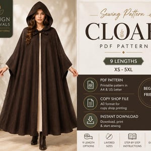 Op de afbeelding: Een PDF-naaipatroon voor een donkerbruine mantel met capuchon. De tekst luidt Design Festivals Sewing Patterns, Cloak PDF Pattern, 9 Lengths, XS-5XL, PDF Pattern, Copy Shop File, Instant Download, Beginner Friendly, Layered Sizes, Step-by-Step Instructions.