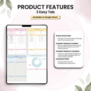May include: A digital workout planner displayed on a tablet. The screen is divided into sections for different days of the week, with spaces to track exercises and muscle groups. Text on the screen includes "Product Features" and "3 Easy Tab."