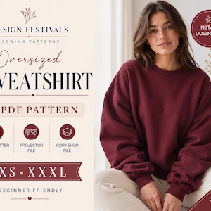 Peut inclure: Un patron de couture numérique pour un sweat-shirt oversize de Design Festivals. Le document inclut des fichiers PDF aux formats A4, US Letter, A0, projecteur et copy shop, pour des tailles allant du XS au XXXL. Le modèle est un sweat-shirt.