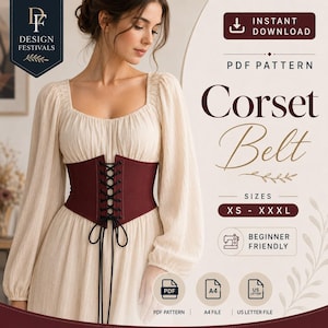 May include: A digital PDF sewing pattern for a corset belt, featuring a deep burgundy waist-cinching corset with black lace-up front detailing. The design includes text labels for instant download, sizes XS to XXXL, and beginner friendly instructions.