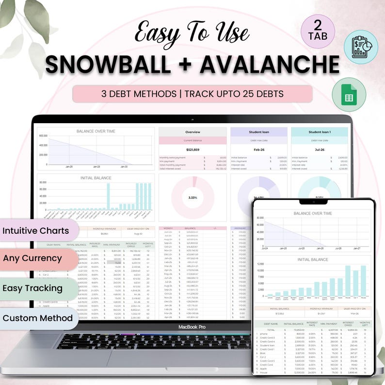 May include: A laptop and tablet display a debt tracker spreadsheet. The text "Easy To Use SNOWBALL + AVALANCHE" is at the top, with "3 DEBT METHODS | TRACK UPTO 25 DEBTS" below. The laptop shows charts and data, with labels like "Intuitive Charts" and "Any Currency".