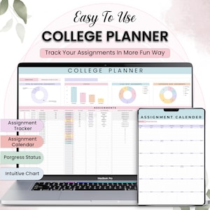 Pode incluir: Um laptop e um tablet exibem uma interface de planejador universitário. A tela do laptop mostra o rastreamento de tarefas, o status do progresso e gráficos. O tablet exibe um calendário de tarefas. O texto na imagem diz "Easy To Use COLLEGE PLANNER".