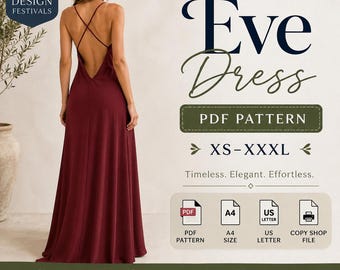 Maxi Dress Sewing Pattern Women Prom dress Open Back Party dress Pattern PDF XS-XXXL Easy Beginner Friendly sewing Digital Download