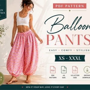May include: A PDF pattern for balloon pants featuring a pink and orange gingham check print. The text includes "PDF PATTERN", "Balloon PANTS", "EASY COMFY STYLISH", "XS - XXXL", "PDF PATTERN", "A4 SIZE", "US LETTER SIZE", and "INSTANT DOWNLOAD".