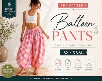 Balloon Pants sewing pattern women Loose Fit Lantern Trousers Baggy Pants Barrel Wide Leg Elastic waist Harem bubble Pants PDF download