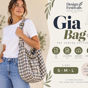 Op de afbeelding: Een Gia Bag PDF-naaipatroon met een blauwe, witte en bruine geruite hobo-schoudertas met een verstelbare riem. De afbeelding bevat de tekst Design Festivals, Gia Bag, PDF Sewing Pattern, maten S-M-L en beginner friendly.