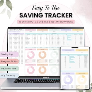 May include: A laptop and tablet show a digital savings tracker. The text "Easy To Use SAVING TRACKER" is at the top. Features include "Saving Log", "Progress Status", "Intuitive Chart", and "Any Currency". The laptop is a MacBook Pro.
