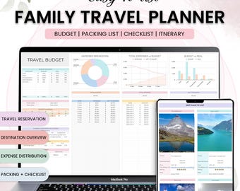 Family Travel Planner Google Sheets Digital Travel Itinerary Budget Spreadsheets Road Trip Planner packing list Holiday Vacation Organizer