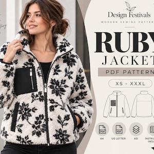 Puede incluir: Una chaqueta de sherpa con estampado floral en blanco y negro, cremallera frontal completa, cuello alto y bolsillo negro en el pecho. El texto dice Design Festivals Modern Sewing Patterns Ruby Jacket PDF Pattern XS - XXXL A4 US Letter A0.