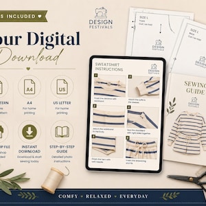 May include: A digital sewing pattern download for a striped sweatshirt and shorts set. Includes a tablet displaying step-by-step photo instructions, printed pattern pieces labeled Size L, a sewing guide booklet, a spool of thread, and scissors.