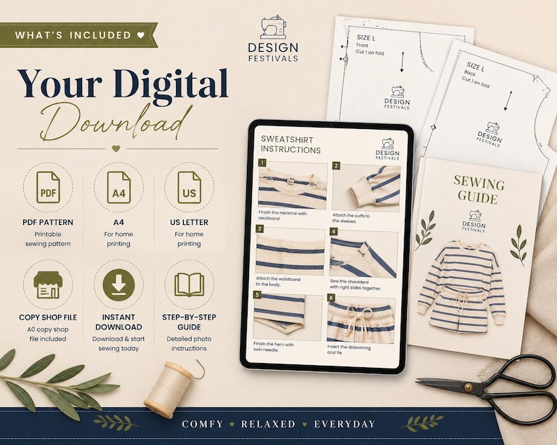 May include: A digital sewing pattern download for a striped sweatshirt and shorts set. Includes a tablet displaying step-by-step photo instructions, printed pattern pieces labeled Size L, a sewing guide booklet, a spool of thread, and scissors.
