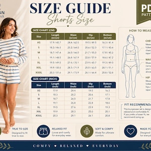 May include: A size guide for shorts featuring a table with measurements in inches and centimeters, a diagram showing how to measure chest, waist, and hip, and text including "SIZE GUIDE", "Shorts Size", "SIZE CHART", and "HOW TO MEASURE".