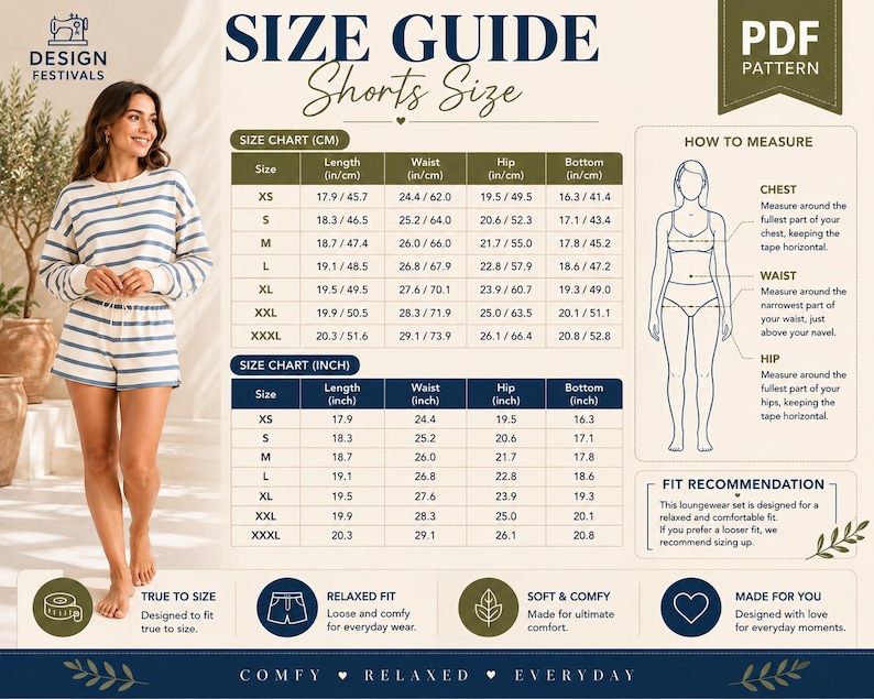 May include: A size guide for shorts featuring a table with measurements in inches and centimeters, a diagram showing how to measure chest, waist, and hip, and text including "SIZE GUIDE", "Shorts Size", "SIZE CHART", and "HOW TO MEASURE".