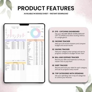 K&ouml;nnte beinhalten: Ein digitales Finanzplanungstool mit Diagrammen und Tabellen zur Budgetierung und Ausgabenverfolgung. Das Bild zeigt einen Einkommens-Tracker, einen Rechnungs-Tracker und eine Ausgaben&uuml;bersicht. Der Text lautet "PRODUKTFUNKTIONEN" und "VERF&Uuml;GBAR IN GOOGLE SHEET - SOFORTIGER DOWNLOAD."