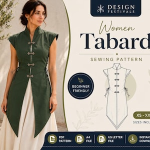 Op de afbeelding: Een naaipatroon voor een tabard met een donkergroen mouwloos kledingstuk met een mandarijnkraag, vier decoratieve knoopsluitingen en zijstrikken. Inclusief een technische schets, maten XS tot XXXL en pictogrammen voor digitale bestanden.