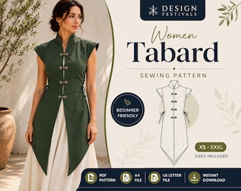 Women Tabard Sewing Pattern Medieval Surcoat Magical dress Cosplay Vintage Costume Sideless Tarbard Pattern PDF XS-XXXL Digital Download