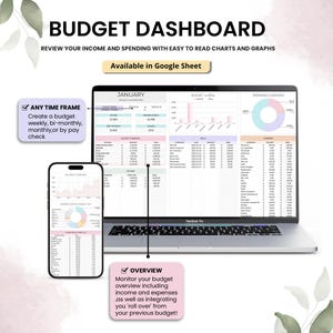 K&ouml;nnte beinhalten: Ein Laptop und ein Smartphone, die ein Budget-Dashboard mit Diagrammen und Grafiken anzeigen. Der Text lautet "Budget Dashboard" und "Available in Google Sheet". Das Dashboard enth&auml;lt Einnahmen, Ausgaben und einen Ausgaben&uuml;berblick.