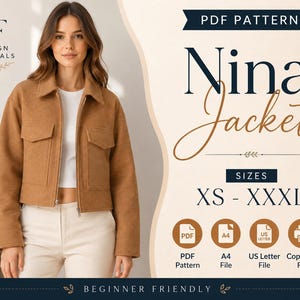 May include: A PDF sewing pattern for the Nina Jacket, featuring a tan cropped jacket with a collar, front zipper, and two chest pockets. The text includes 'PDF PATTERN', 'Nina Jacket', 'SIZES XS - XXXL', and 'BEGINNER FRIENDLY' with icons.
