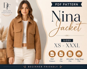 Jacket Sewing Pattern women Zip up Crop jacket Short zipper jacket PDF XS-XXXL Easy beginner Winter Patterns A4 Printable Digital Download