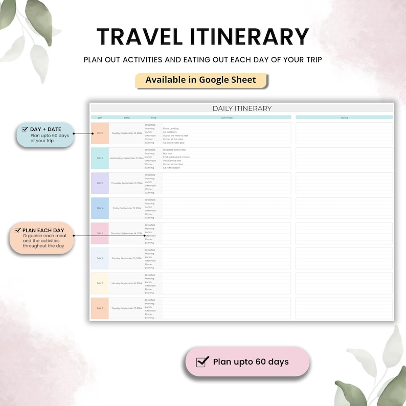 May include: A travel itinerary template with the text "TRAVEL ITINERARY" at the top. The template is designed to plan activities and eating out each day of a trip. It includes sections for daily itinerary details and is available in Google Sheet.