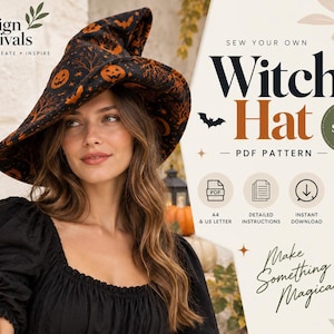 May include: A black witch hat with an orange pumpkin and bat pattern. The image includes text: Design Festivals, Sew Your Own Witch Hat PDF Pattern, Sizes S M L, A4 & US Letter, Detailed Instructions, Instant Download, Beginner Friendly, Make Something Magical.