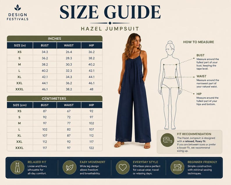 May include: A size guide for the Hazel Jumpsuit featuring a navy blue jumpsuit with thin straps and wide legs. The chart displays bust, waist, and hip measurements in inches and centimetres, alongside a diagram illustrating how to measure.