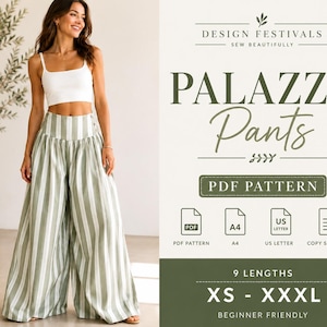 May include: A PDF sewing pattern for palazzo pants by Design Festivals. The pattern includes A4, US Letter, and copy shop file formats, covering sizes XS to XXXL with 9 length options. The design features wide-leg striped trousers.