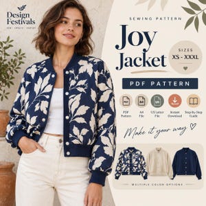 May include: A sewing pattern for a Joy Jacket, available in sizes XS to XXXL. The digital PDF includes A4 and US Letter files, an instant download, and a step-by-step guide. The jacket features a dark blue fabric with a cream leaf print.