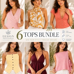 May include: A digital sewing pattern bundle featuring six distinct tops: a light pink wrap top, a yellow and white leaf print halter, a coral button-down, a yellow button-front camisole, a deep red halter top, and a pink polka dot sleeveless top.