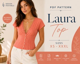 V-Neck Top sewing pattern Women blouse PDF Digital XS-XXXL Beginner Friendly Sewing Pattern Summer Grace Top Instant Download
